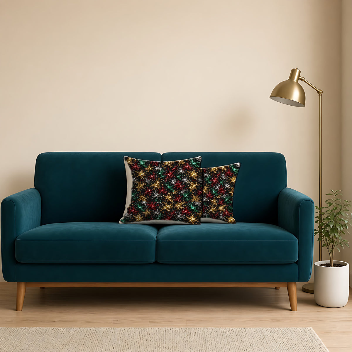 Chrome Splash Confetti Faux Suede Cushion on a teal velvet sofa