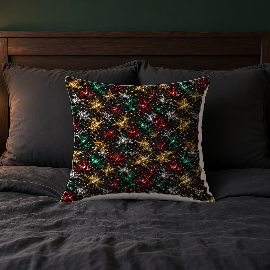 Chrome Splash Confetti Faux Suede Cushion on a bed with charcoal bedding