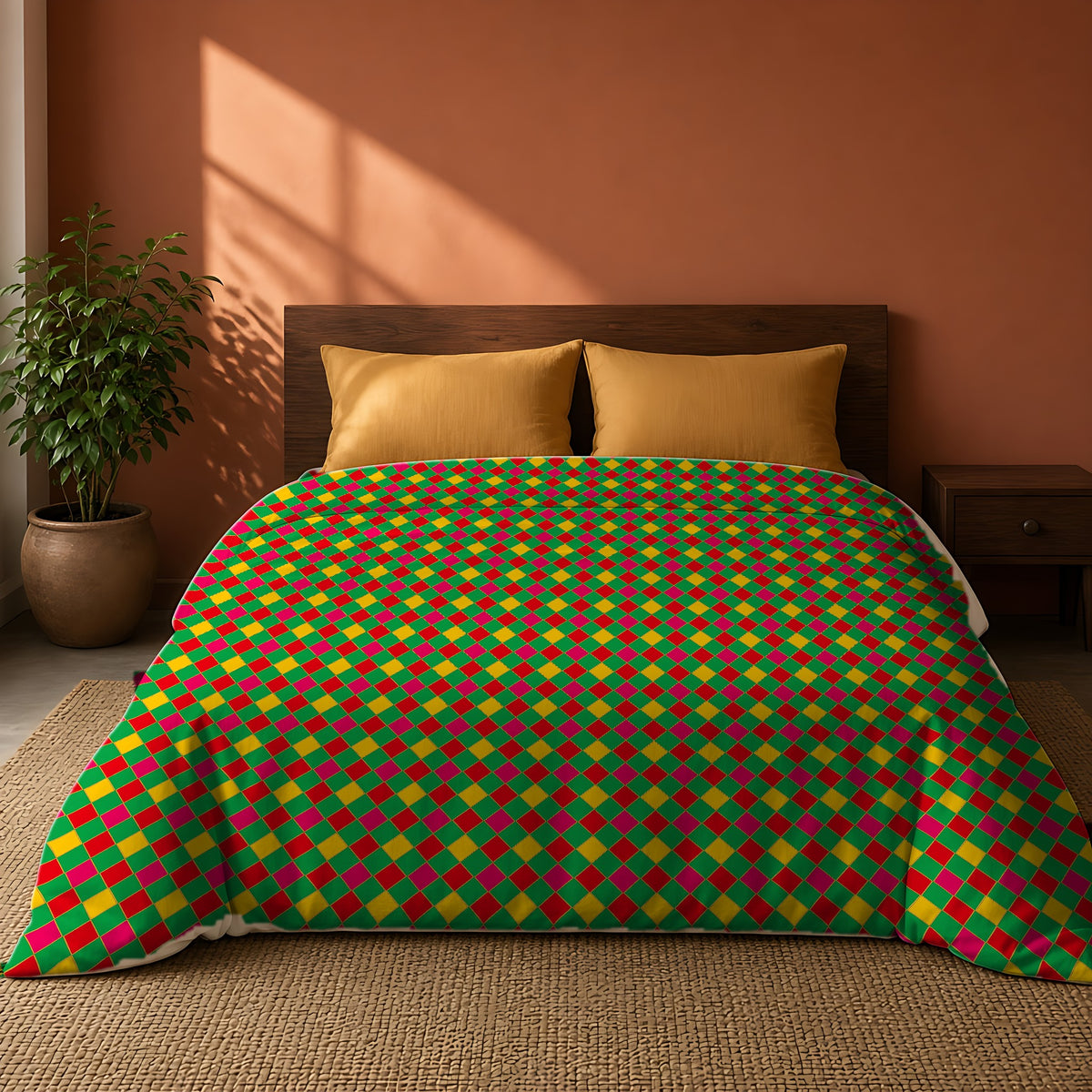 Jewel Harlequin Check Comforter on a king bed against a warm terracotta wall
