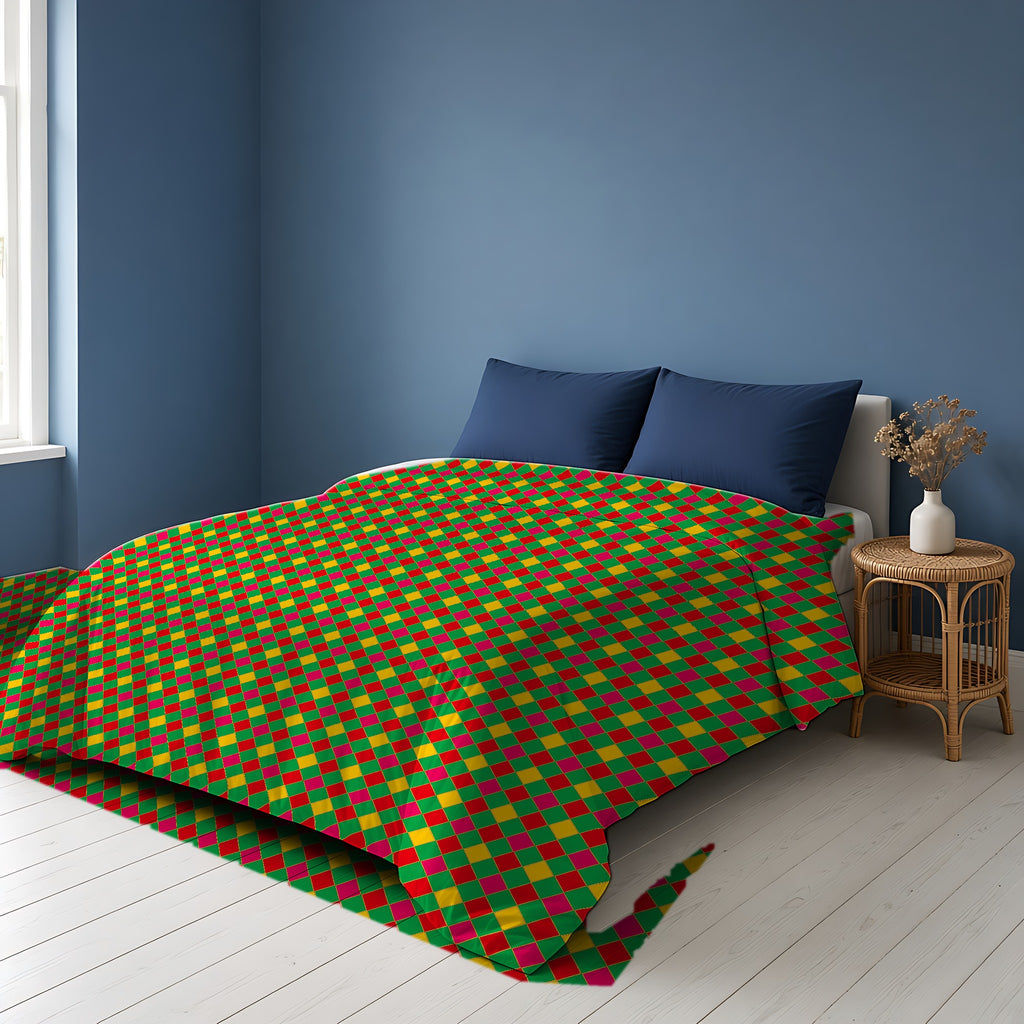 Jewel Harlequin Check Comforter on a bed in a Scandinavian blue bedroom