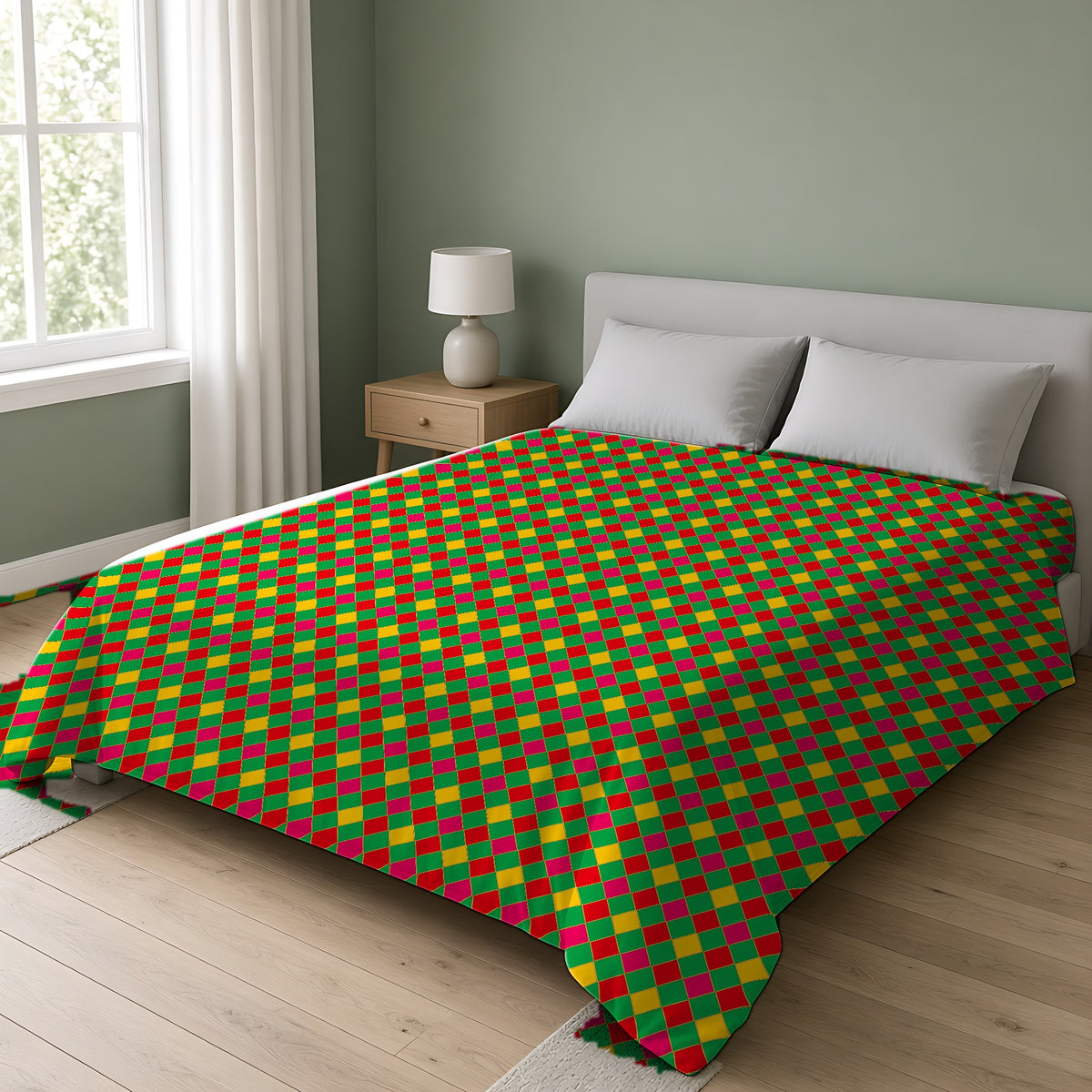 Jewel Harlequin Check Comforter on a double bed in a bright sage-green bedroom