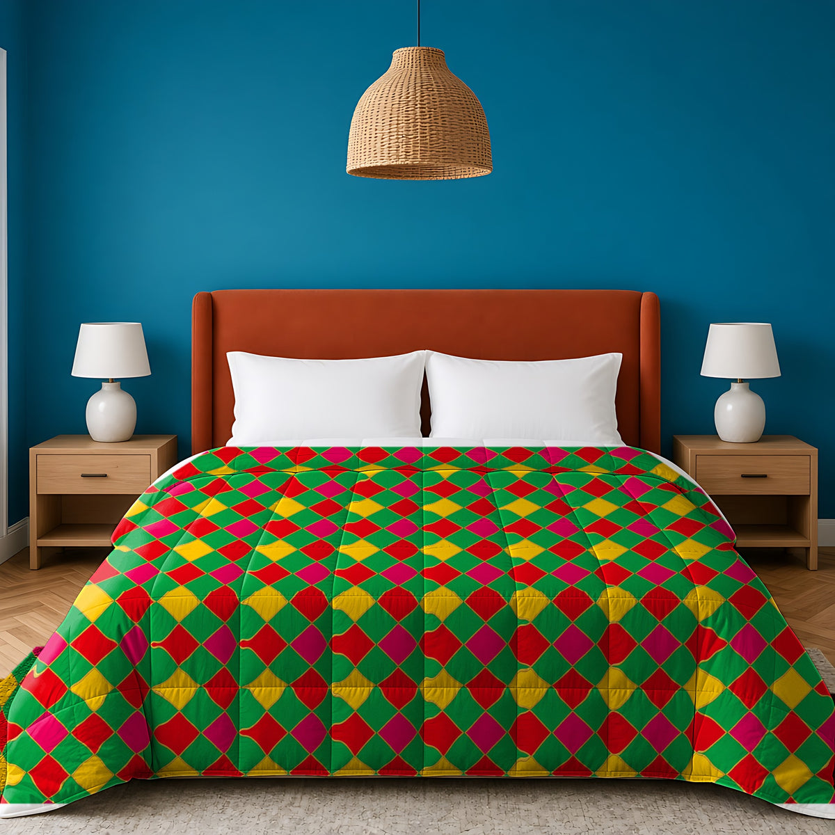 Jewel Harlequin Check comforter in the Festive Jewel Bright palette, on a bed with a rust headboard against a teal wall