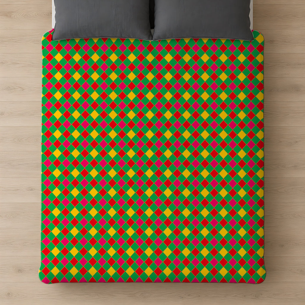 Jewel Harlequin Check Cotton Duvet Cover on a bed, seen from above