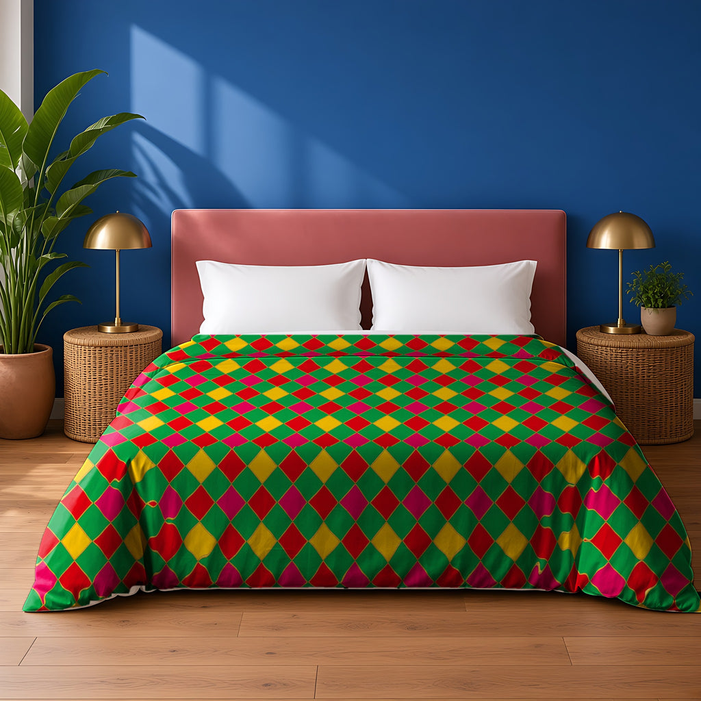 Jewel Harlequin Check cotton duvet cover in the Festive Jewel Bright palette, on a bed with a dusty-pink headboard against a cobalt wall