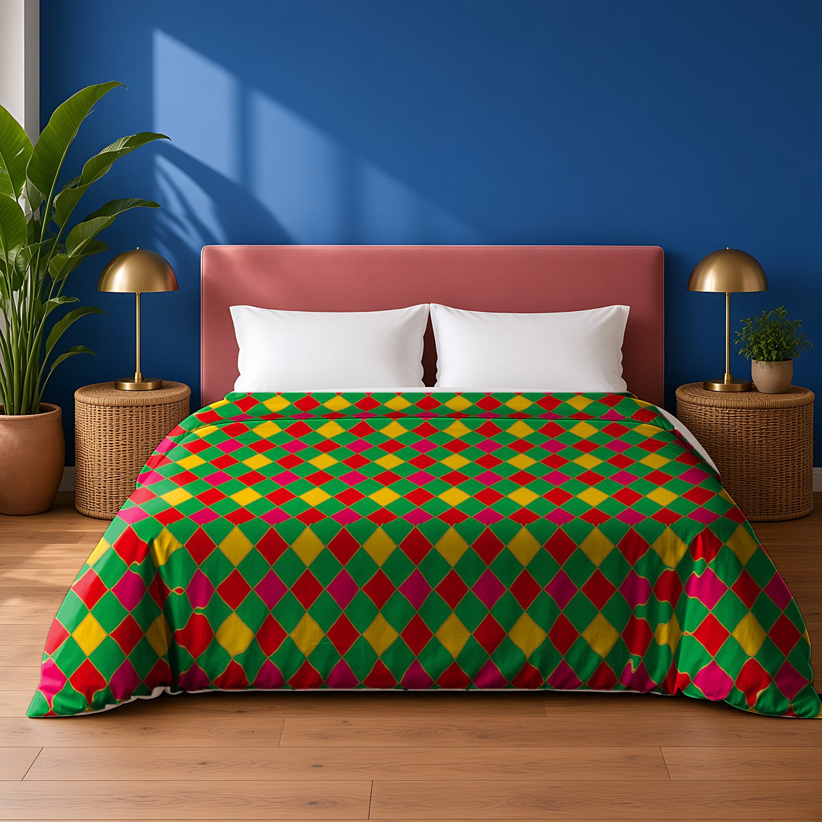 Jewel Harlequin Check cotton duvet cover in the Festive Jewel Bright palette, on a bed with a dusty-pink headboard against a cobalt wall