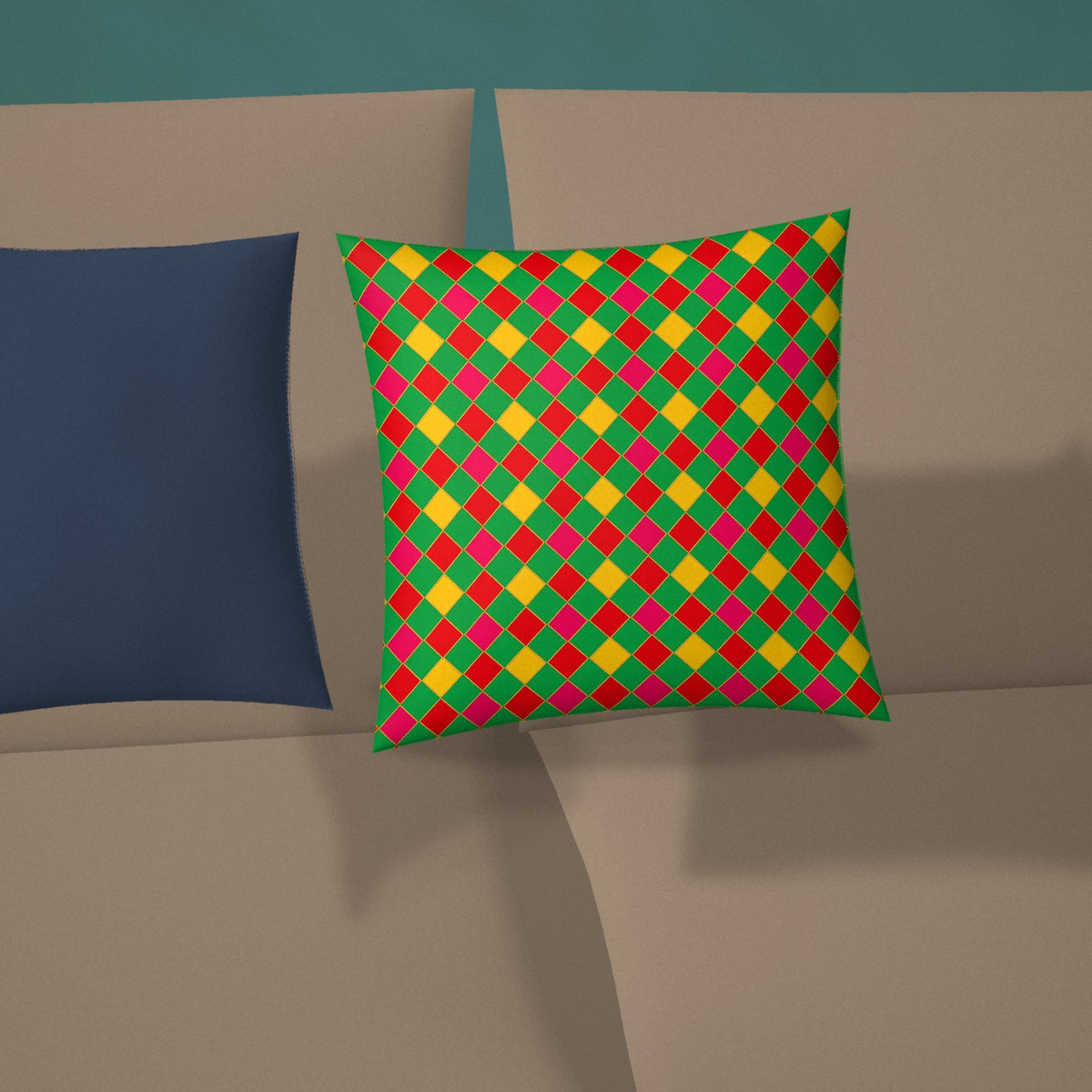 Jewel Harlequin Check Faux Suede Cushion styled on a sofa