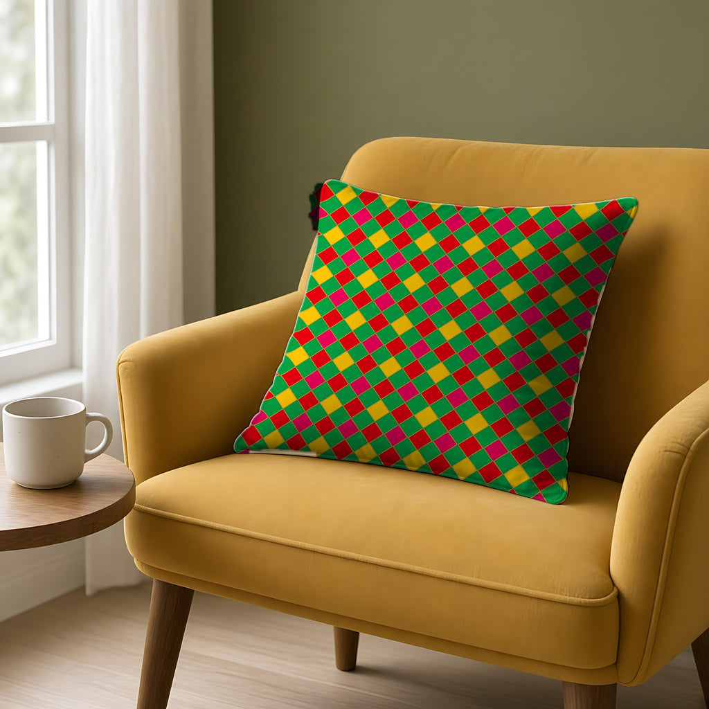 Jewel Harlequin Check Faux Suede Cushion on a mustard armchair by a window