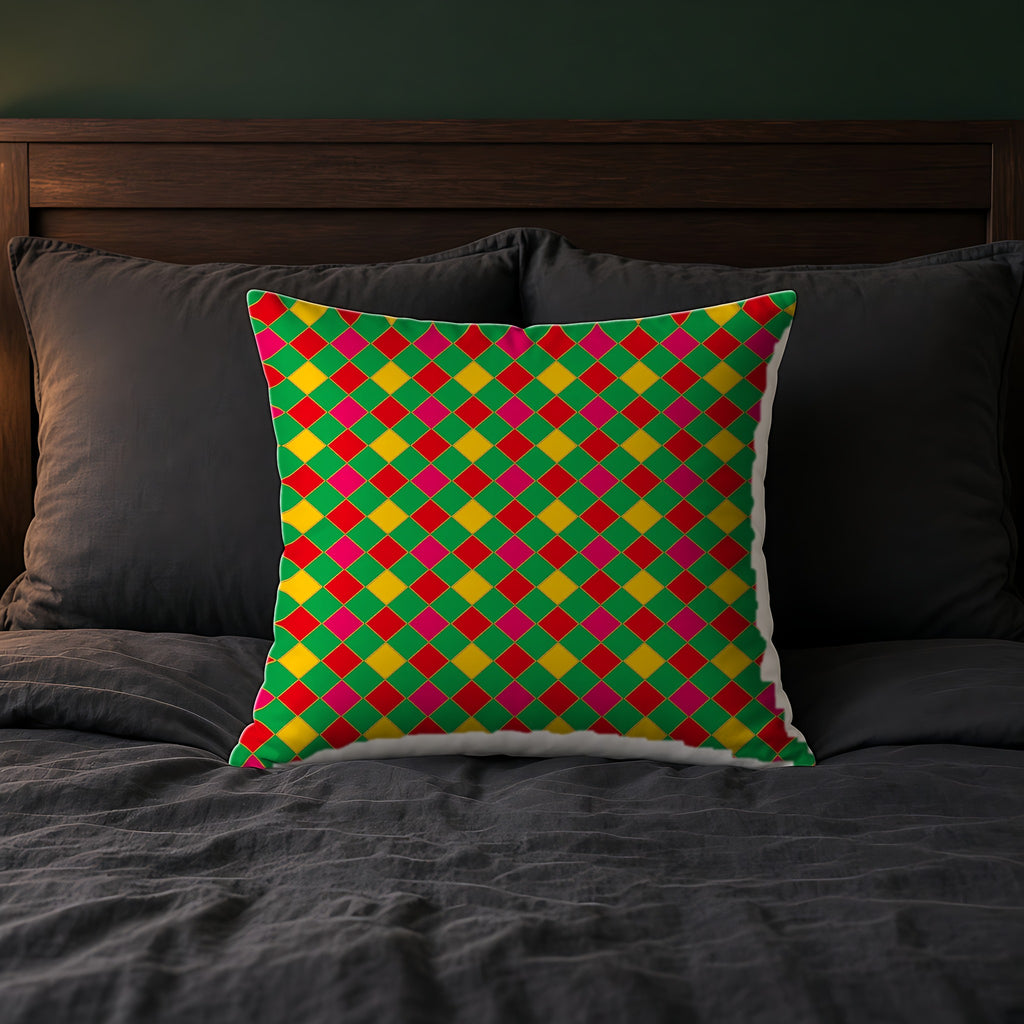 Jewel Harlequin Check Faux Suede Cushion on a bed with charcoal bedding