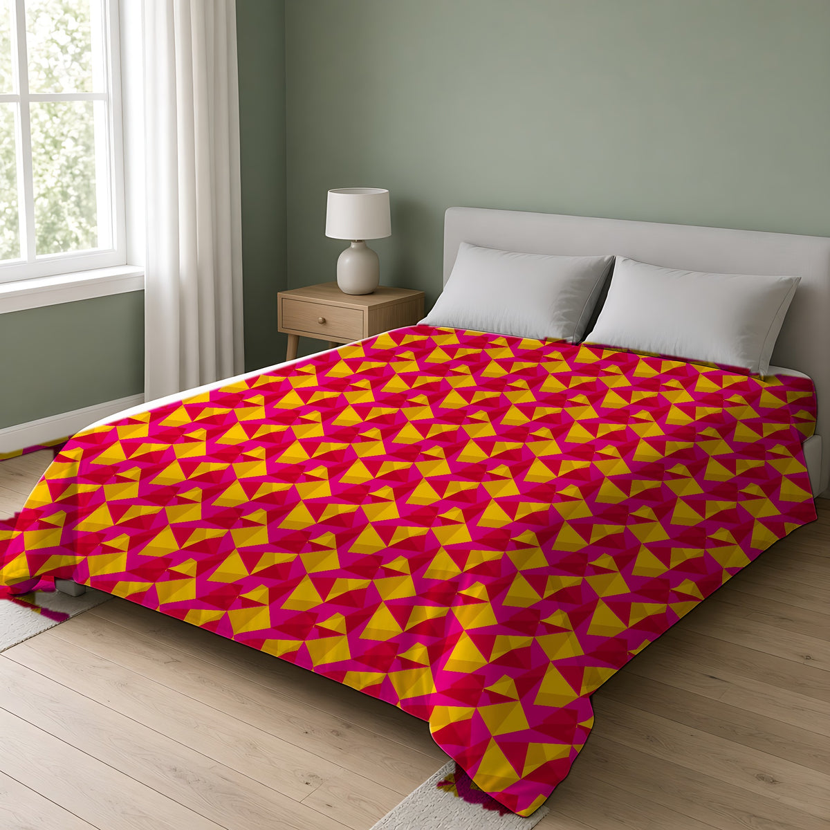 Faceted Gold Panels Comforter on a double bed in a bright sage-green bedroom
