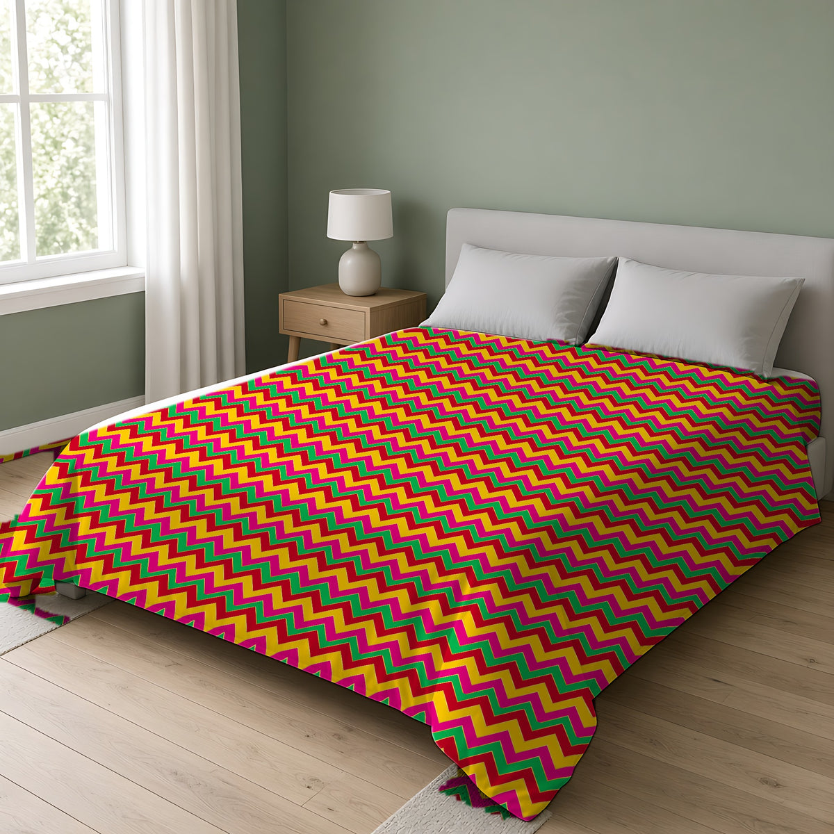 Jewel Chevron Bands Comforter on a double bed in a bright sage-green bedroom