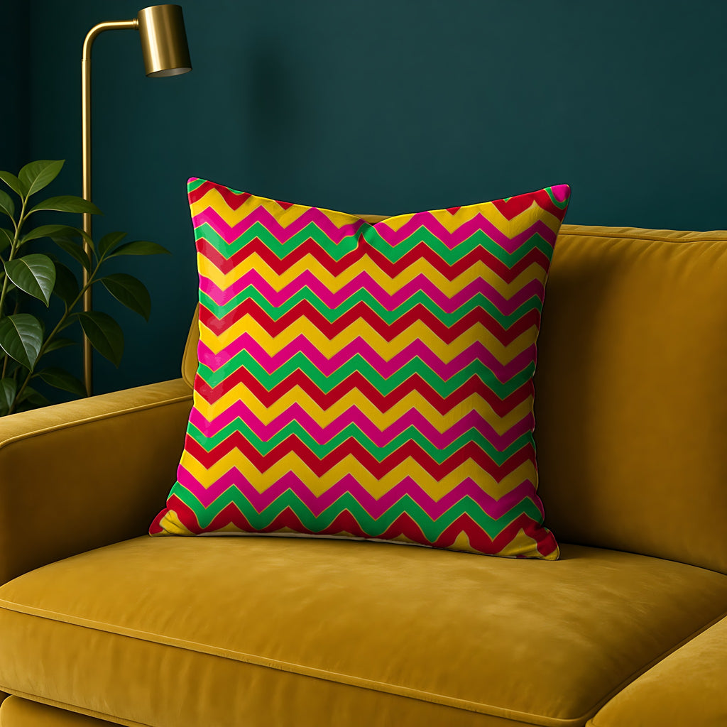 Jewel Chevron Bands faux suede cushion in the Festive Jewel Bright palette, on a mustard sofa against a teal wall