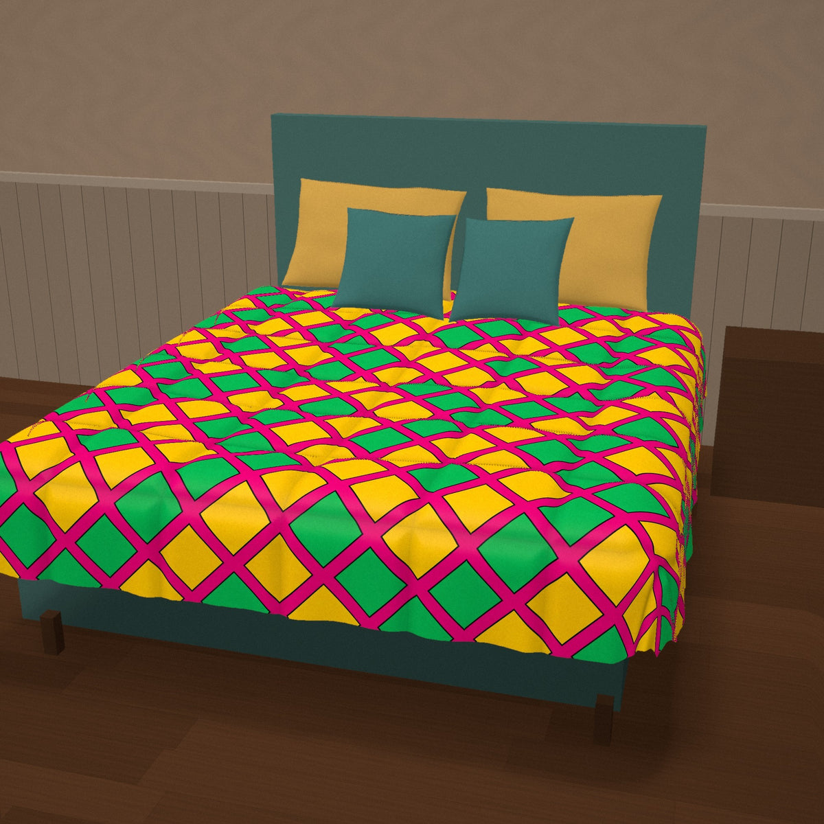 Harlequin Gold Grid Comforter on a made bed