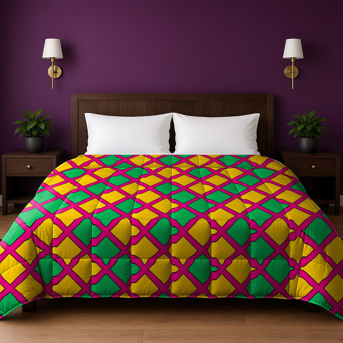 Harlequin Gold Grid comforter in the Festive Jewel Bright palette, on a bed with a walnut headboard against a plum wall