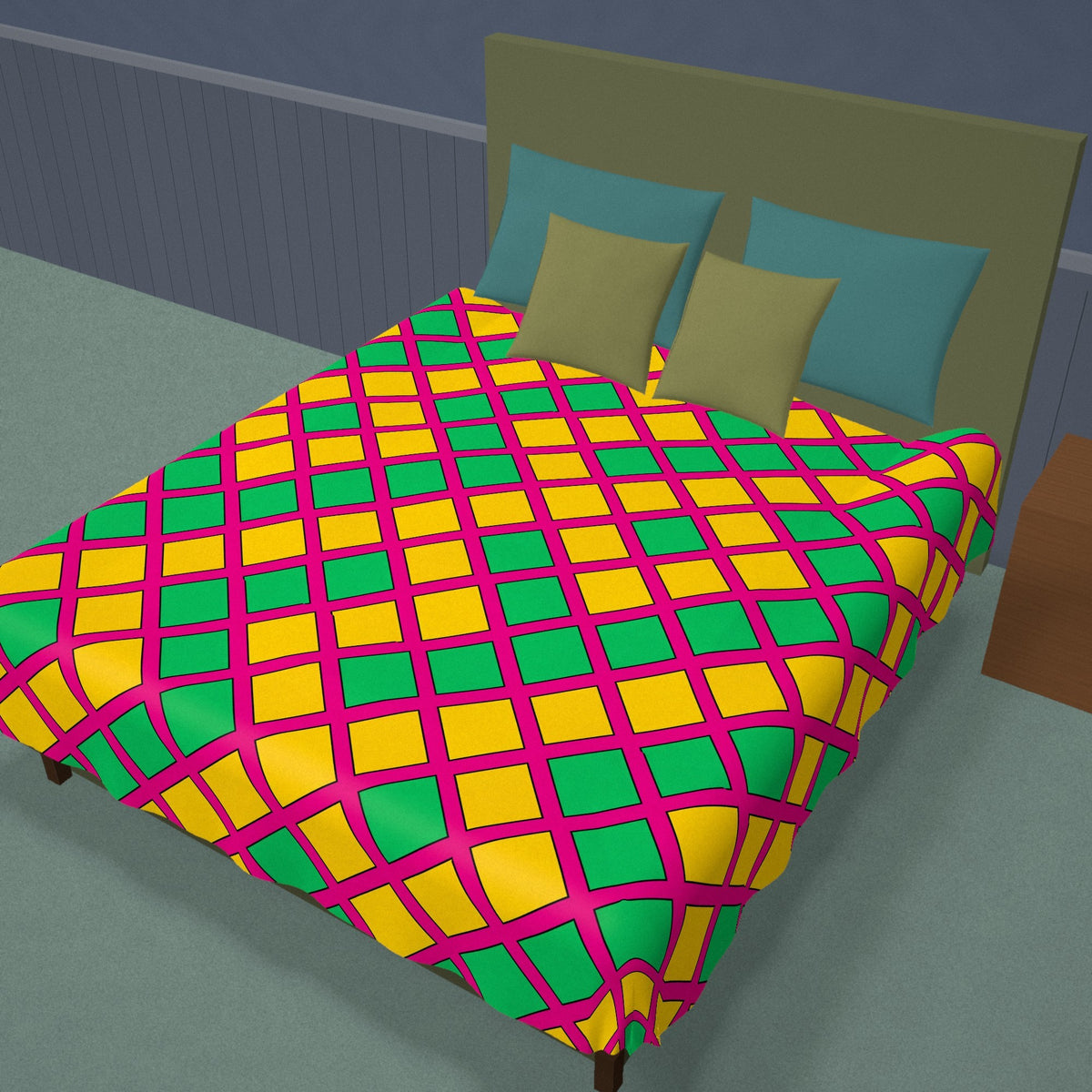 Harlequin Gold Grid Cotton Duvet Cover on a made bed