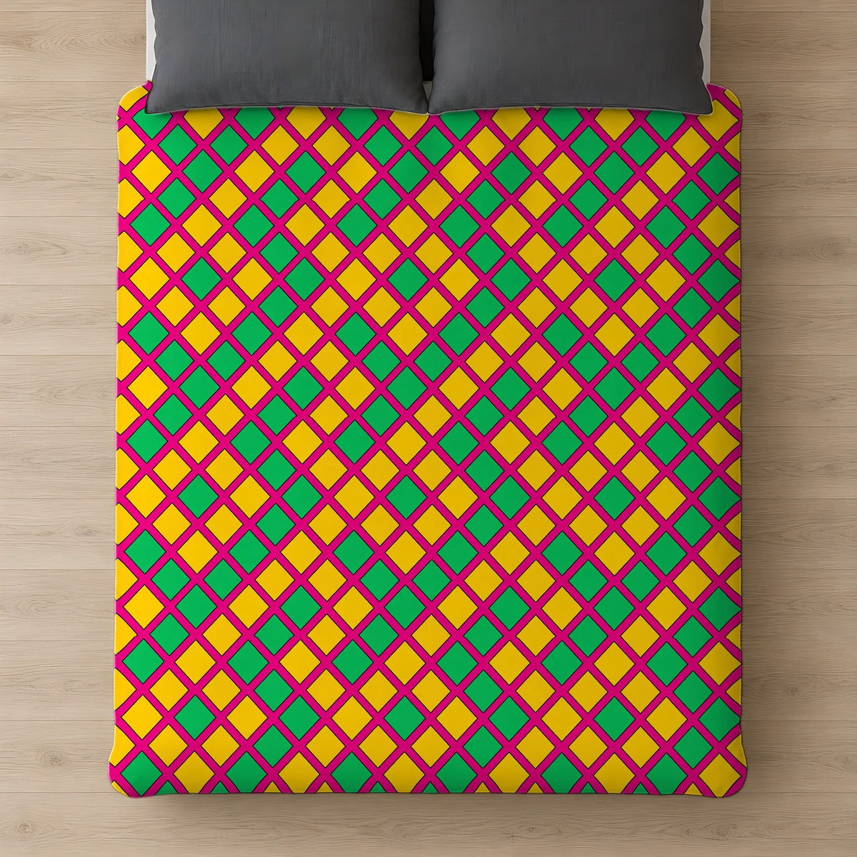 Harlequin Gold Grid Cotton Duvet Cover on a bed, seen from above