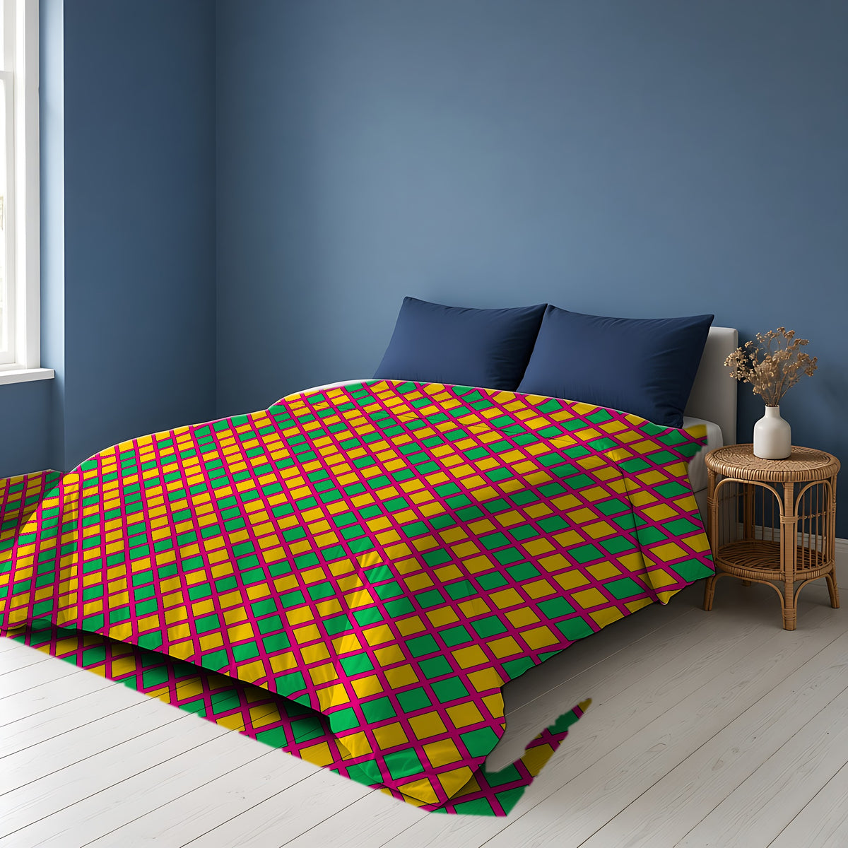 Harlequin Gold Grid Cotton Duvet Cover on a bed in a Scandinavian blue bedroom