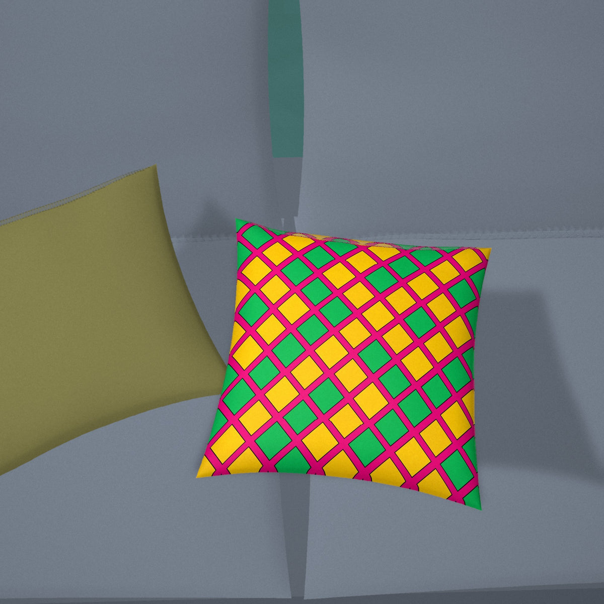 Harlequin Gold Grid Faux Suede Cushion styled on a sofa