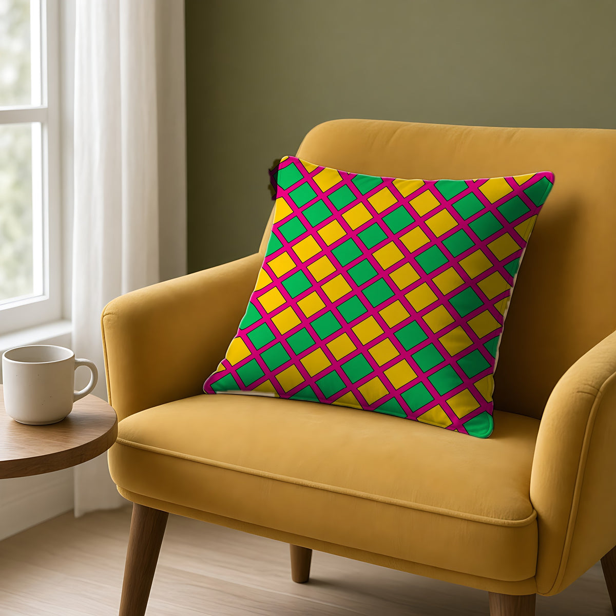 Harlequin Gold Grid Faux Suede Cushion on a mustard armchair by a window