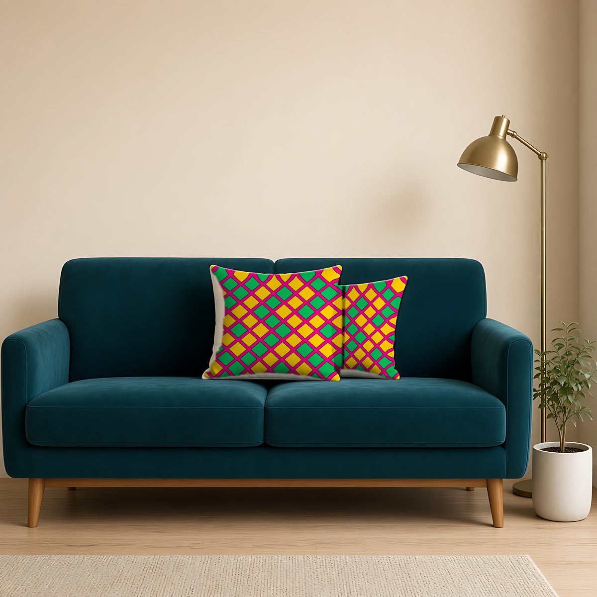 Harlequin Gold Grid Faux Suede Cushion on a teal velvet sofa