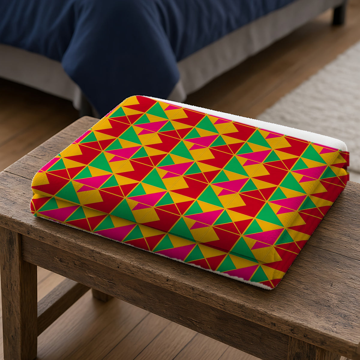 Jewel Block Quilt Sherpa Fleece Blanket folded on a wooden bench