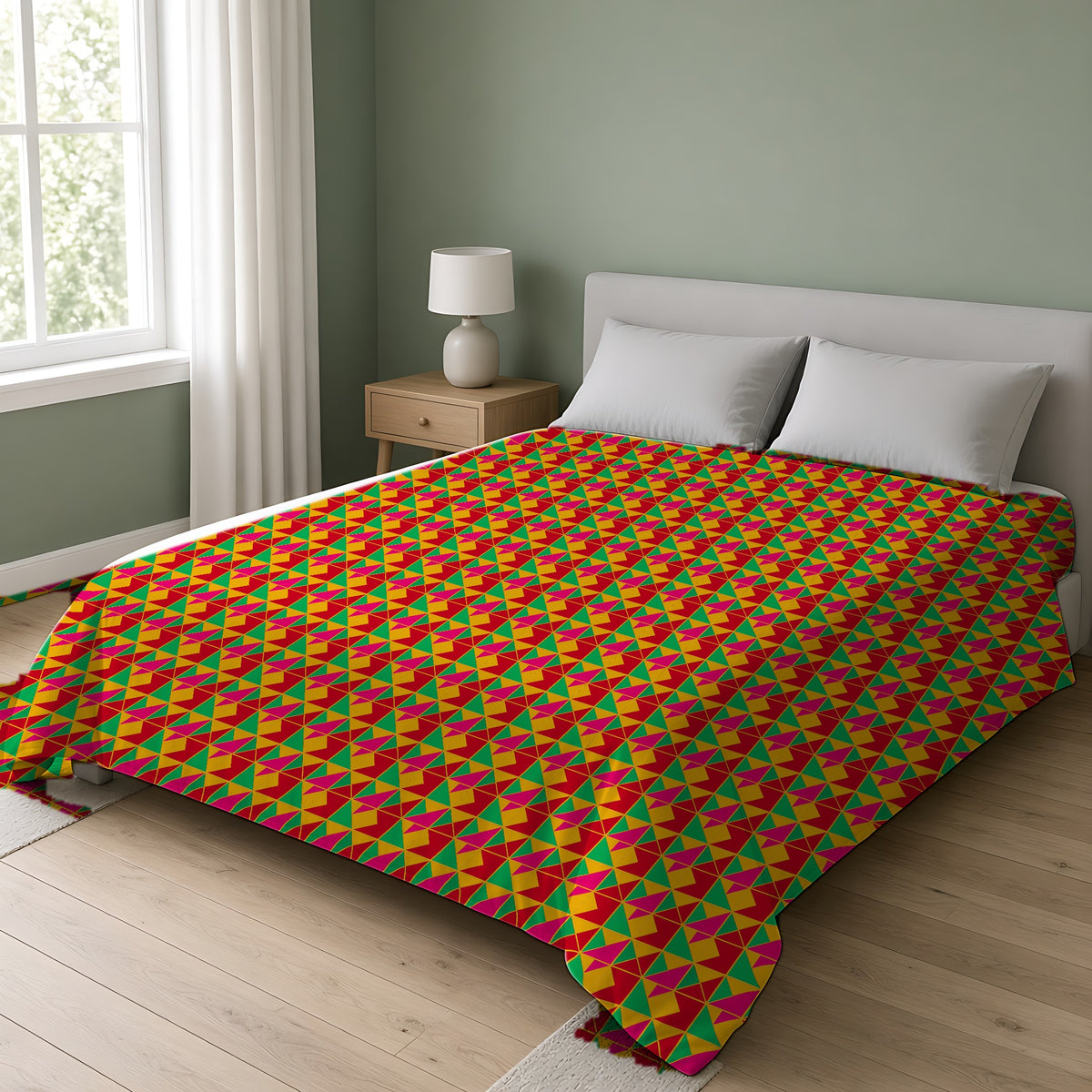 Jewel Block Quilt Comforter on a double bed in a bright sage-green bedroom