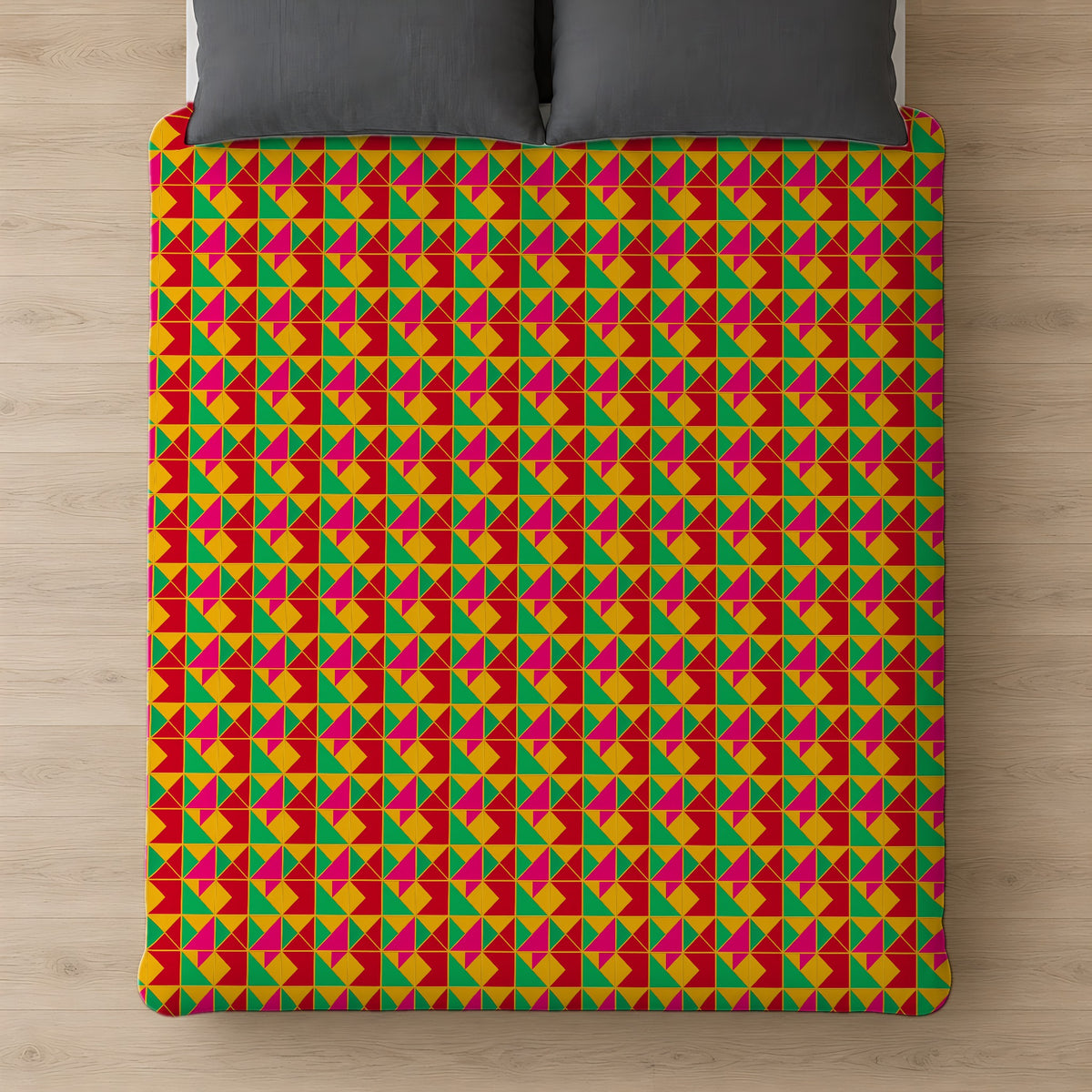 Jewel Block Quilt Cotton Duvet Cover on a bed, seen from above