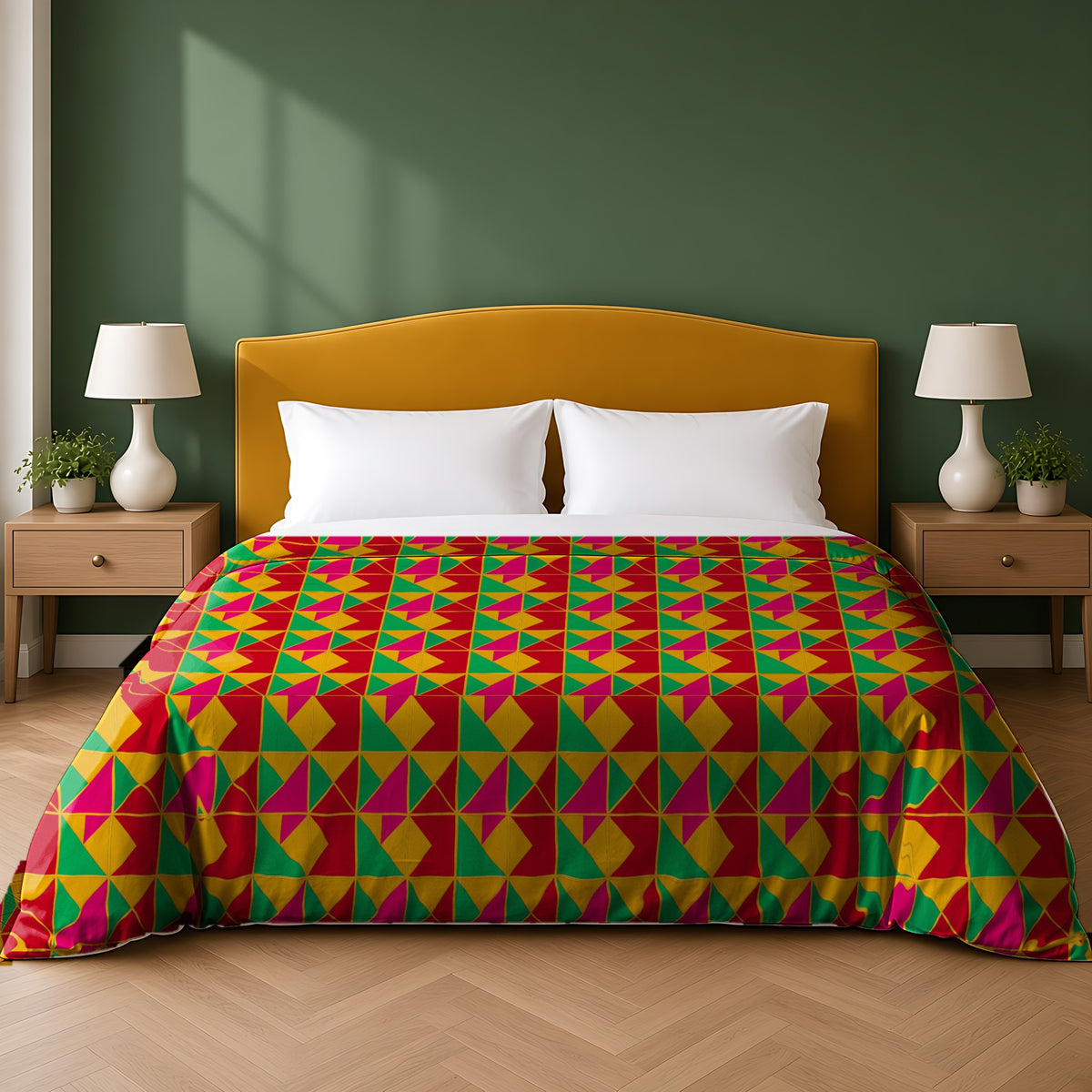 Jewel Block Quilt cotton duvet cover in the Festive Jewel Bright palette, on a bed with a mustard headboard against a forest-green wall