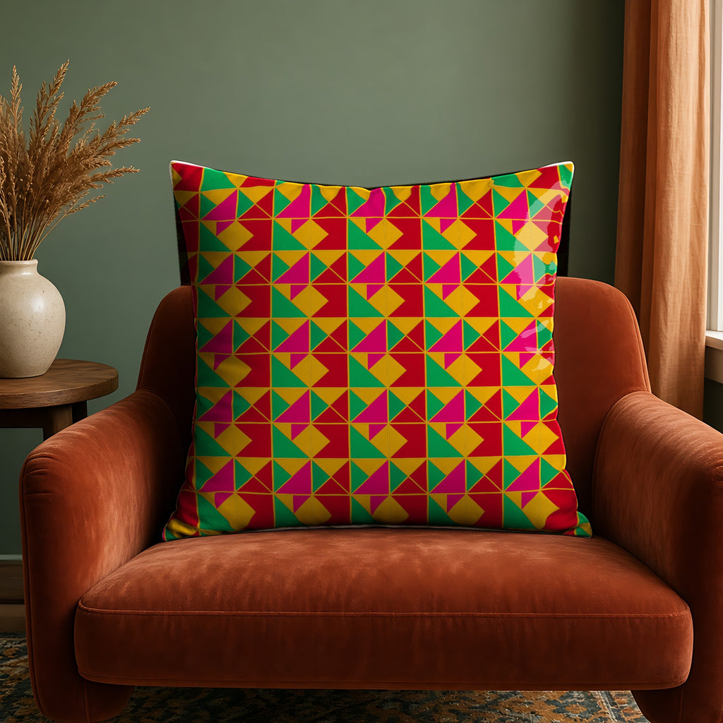 Jewel Block Quilt faux suede cushion in the Festive Jewel Bright palette, on a rust velvet armchair against a sage wall
