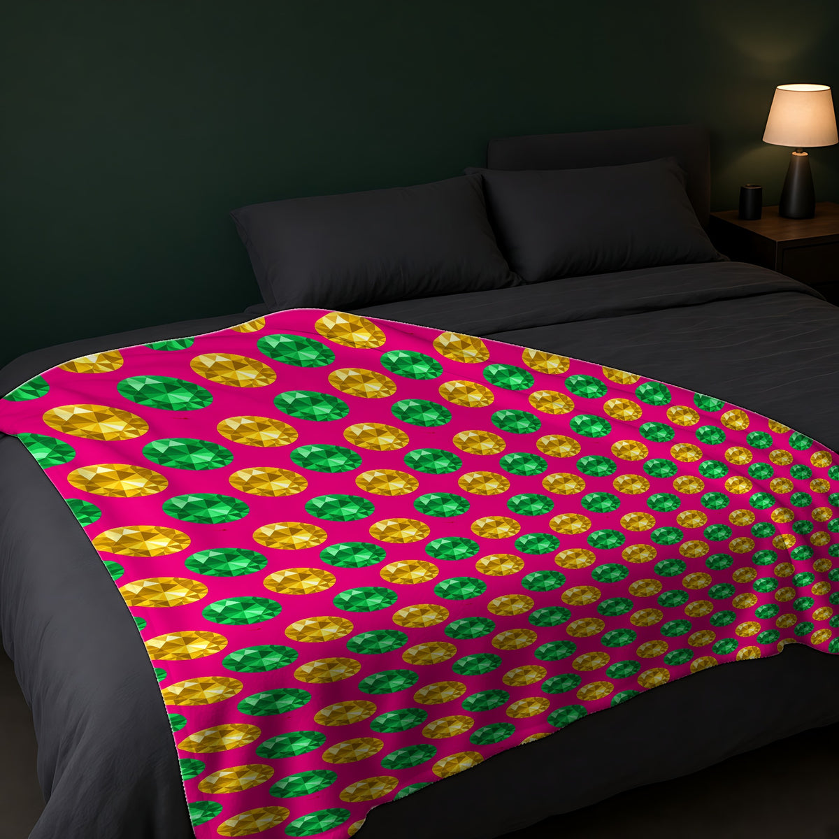 Half-Drop Gem Grid Sherpa Fleece Blanket across the foot of a dark bed