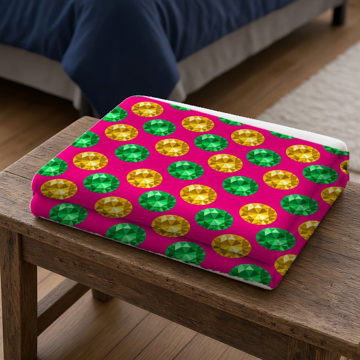 Half-Drop Gem Grid Sherpa Fleece Blanket folded on a wooden bench