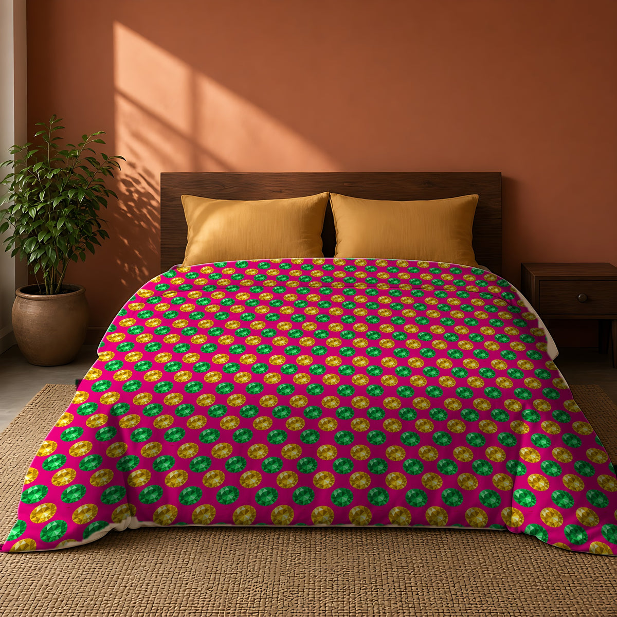 Half-Drop Gem Grid Comforter on a king bed against a warm terracotta wall