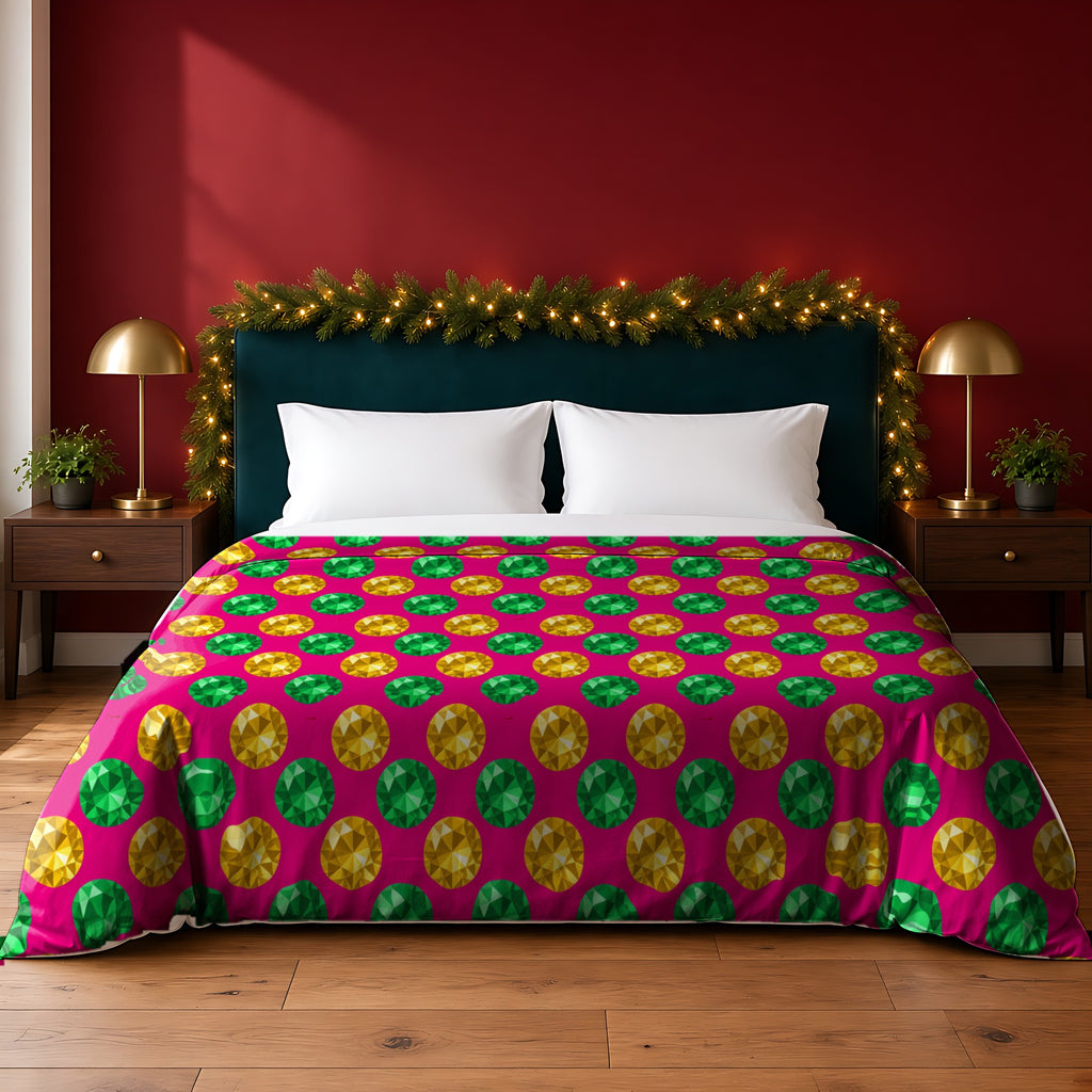 Half-Drop Gem Grid cotton duvet cover in the Festive Jewel Bright palette, on a bed with a green headboard in a festive bedroom with pine garland and fairy lights