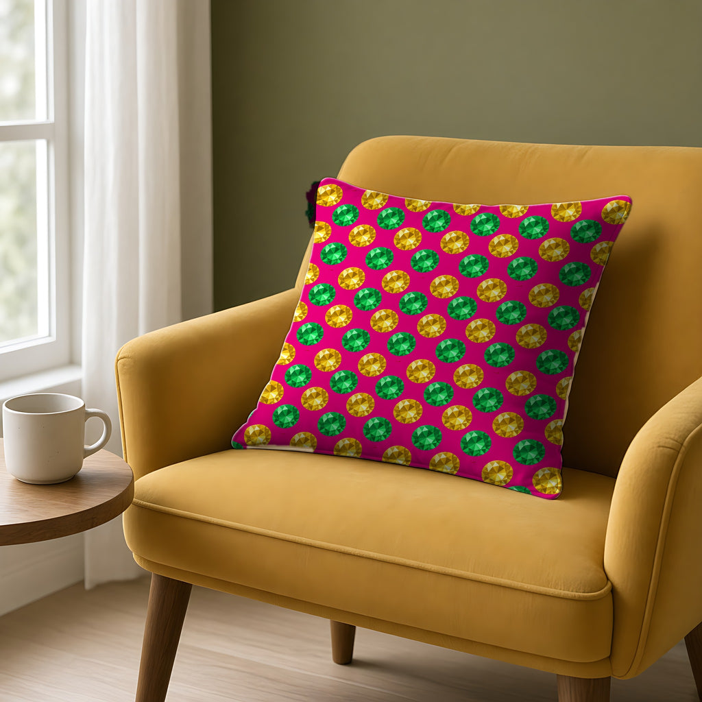 Half-Drop Gem Grid Faux Suede Cushion on a mustard armchair by a window