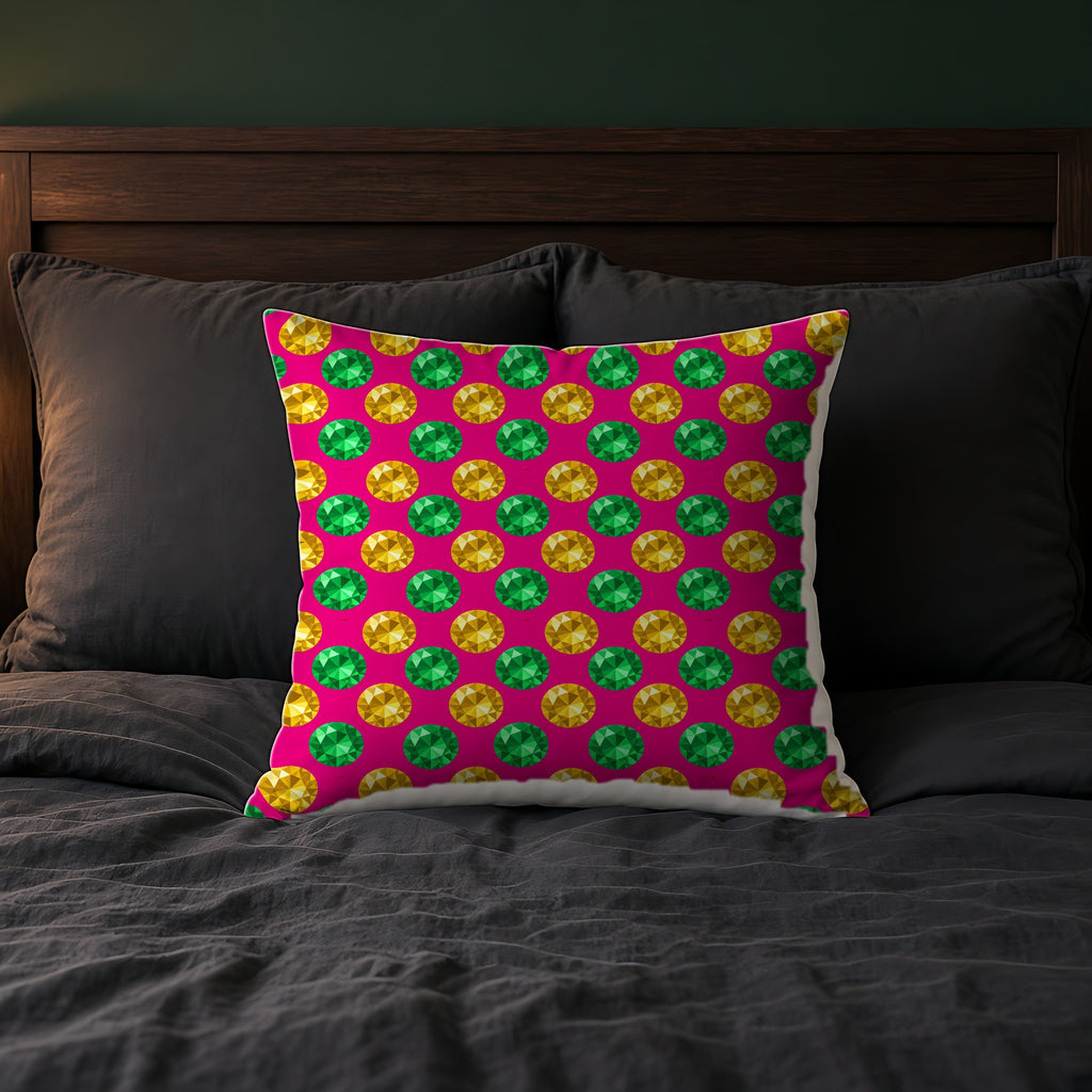 Half-Drop Gem Grid Faux Suede Cushion on a bed with charcoal bedding