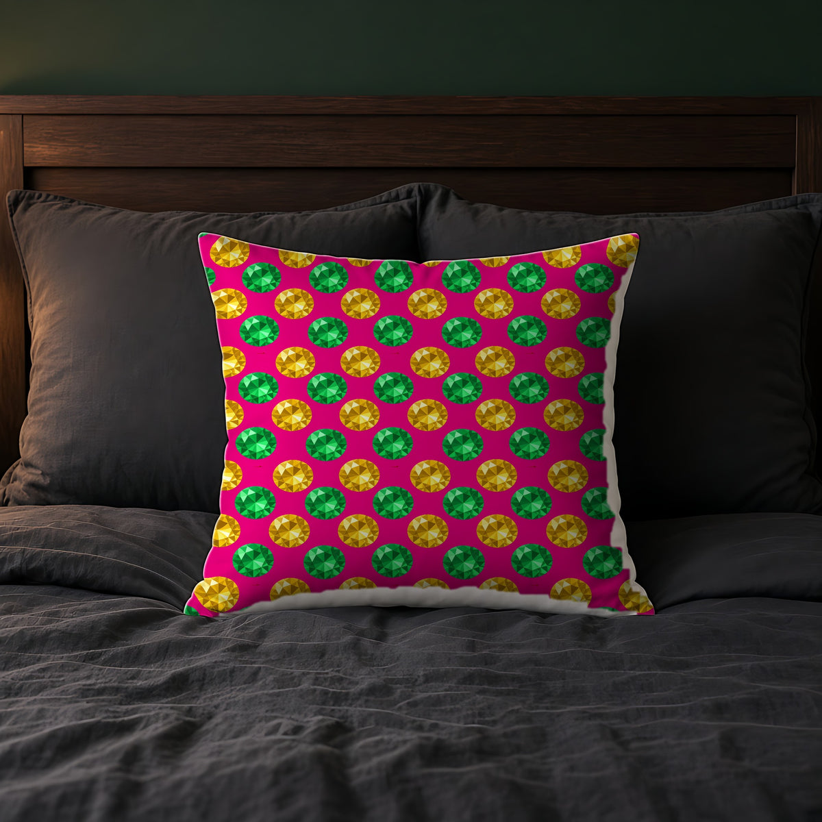 Half-Drop Gem Grid Faux Suede Cushion on a bed with charcoal bedding