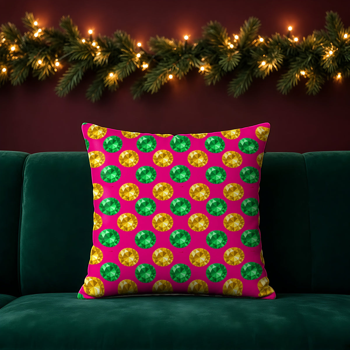 Half-Drop Gem Grid faux suede cushion in the Festive Jewel Bright palette, on an emerald sofa in a festive room with a garland and fairy lights