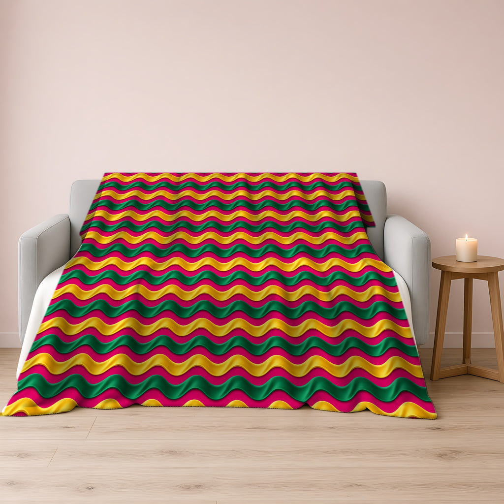 Satin Wave Bands Sherpa Fleece Blanket draped over a grey sofa