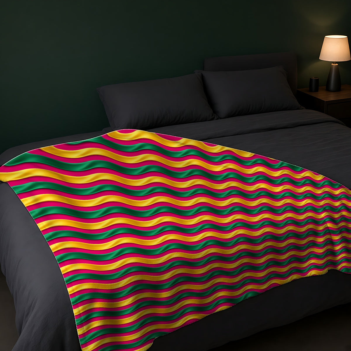 Satin Wave Bands Sherpa Fleece Blanket across the foot of a dark bed