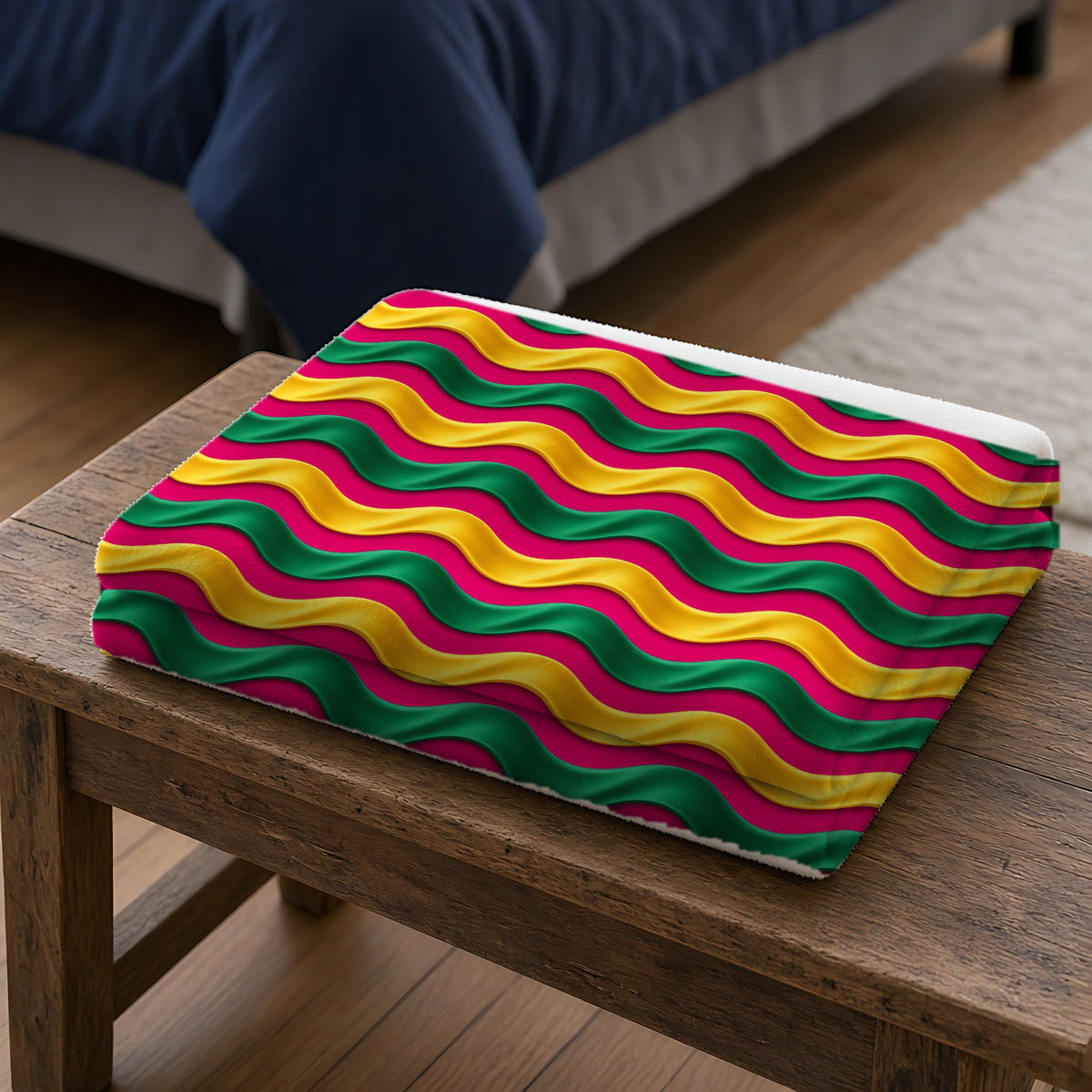 Satin Wave Bands Sherpa Fleece Blanket folded on a wooden bench