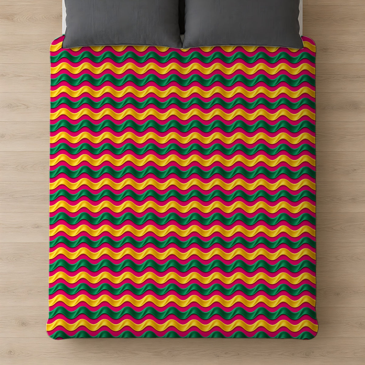 Satin Wave Bands Cotton Duvet Cover on a bed, seen from above