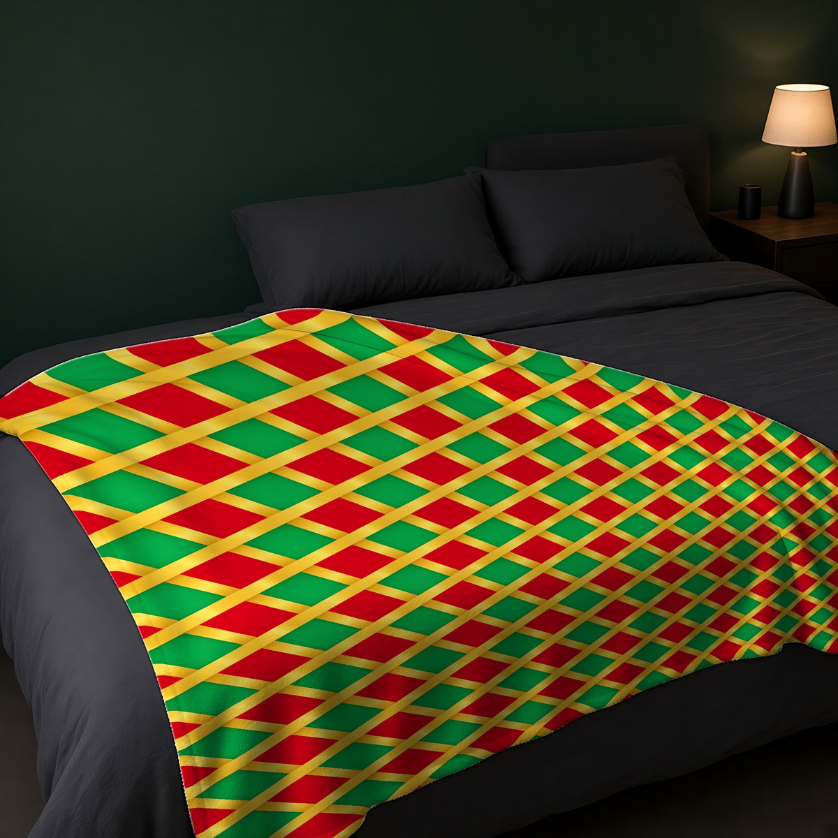 Broad Gold Diamond Trellis Sherpa Fleece Blanket across the foot of a dark bed