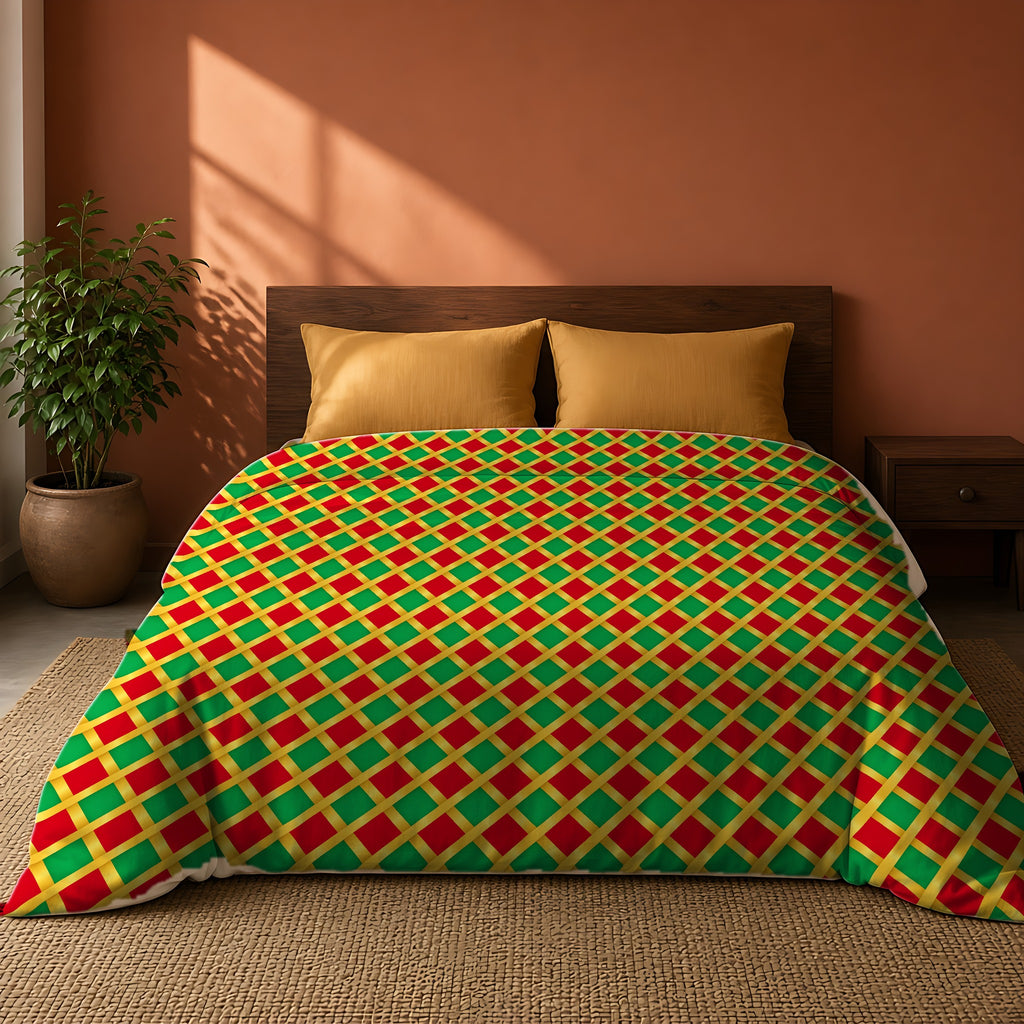 Broad Gold Diamond Trellis Comforter on a king bed against a warm terracotta wall