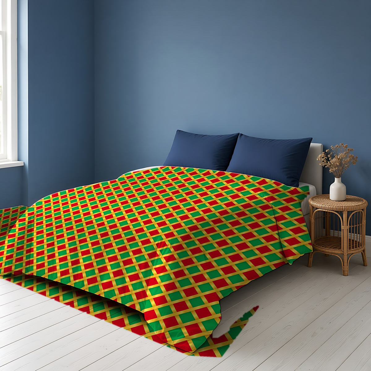 Broad Gold Diamond Trellis Comforter on a bed in a Scandinavian blue bedroom