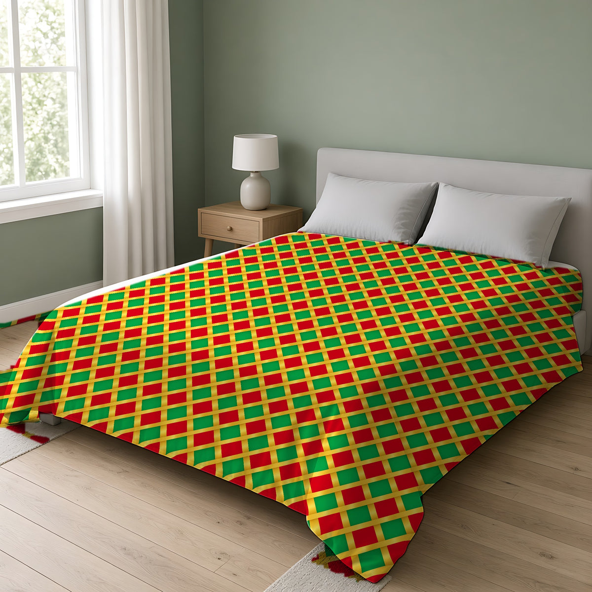 Broad Gold Diamond Trellis Comforter on a double bed in a bright sage-green bedroom