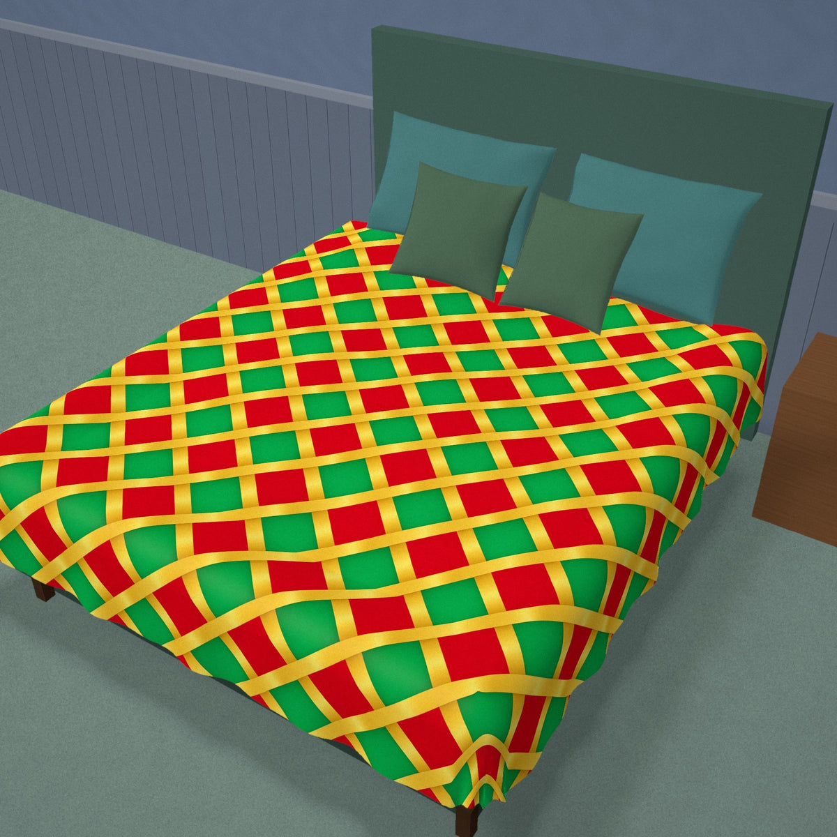 Broad Gold Diamond Trellis Cotton Duvet Cover on a made bed