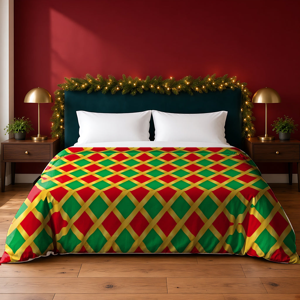 Broad Gold Diamond Trellis cotton duvet cover in the Festive Jewel Bright palette, on a bed with a green headboard in a festive bedroom with pine garland and fairy lights