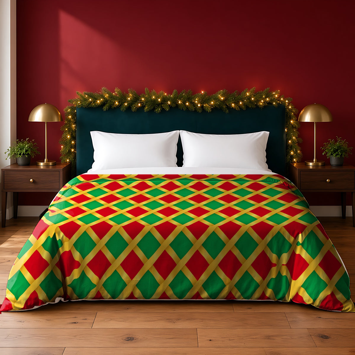 Broad Gold Diamond Trellis cotton duvet cover in the Festive Jewel Bright palette, on a bed with a green headboard in a festive bedroom with pine garland and fairy lights