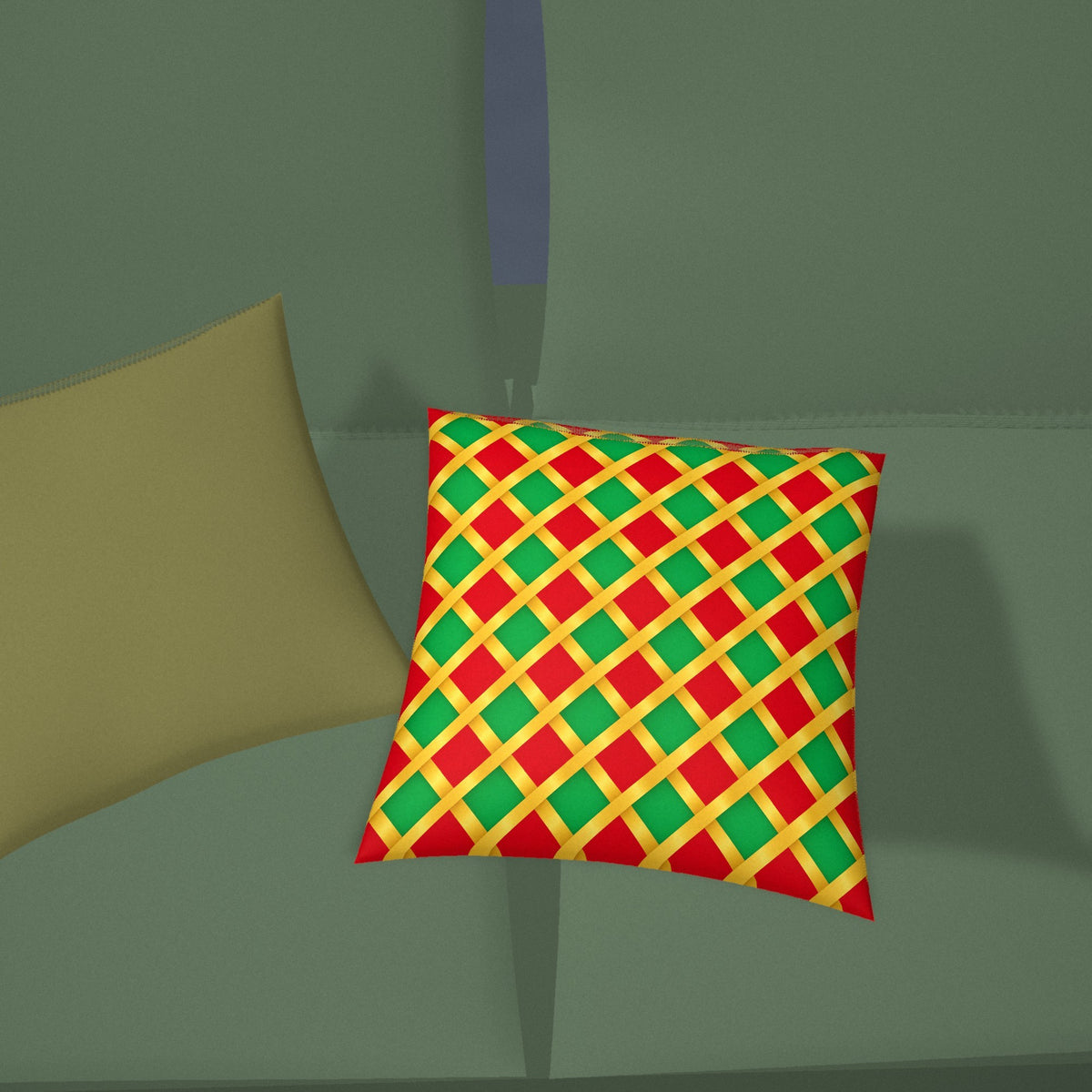 Broad Gold Diamond Trellis Faux Suede Cushion styled on a sofa