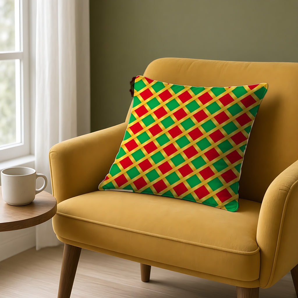 Broad Gold Diamond Trellis Faux Suede Cushion on a mustard armchair by a window