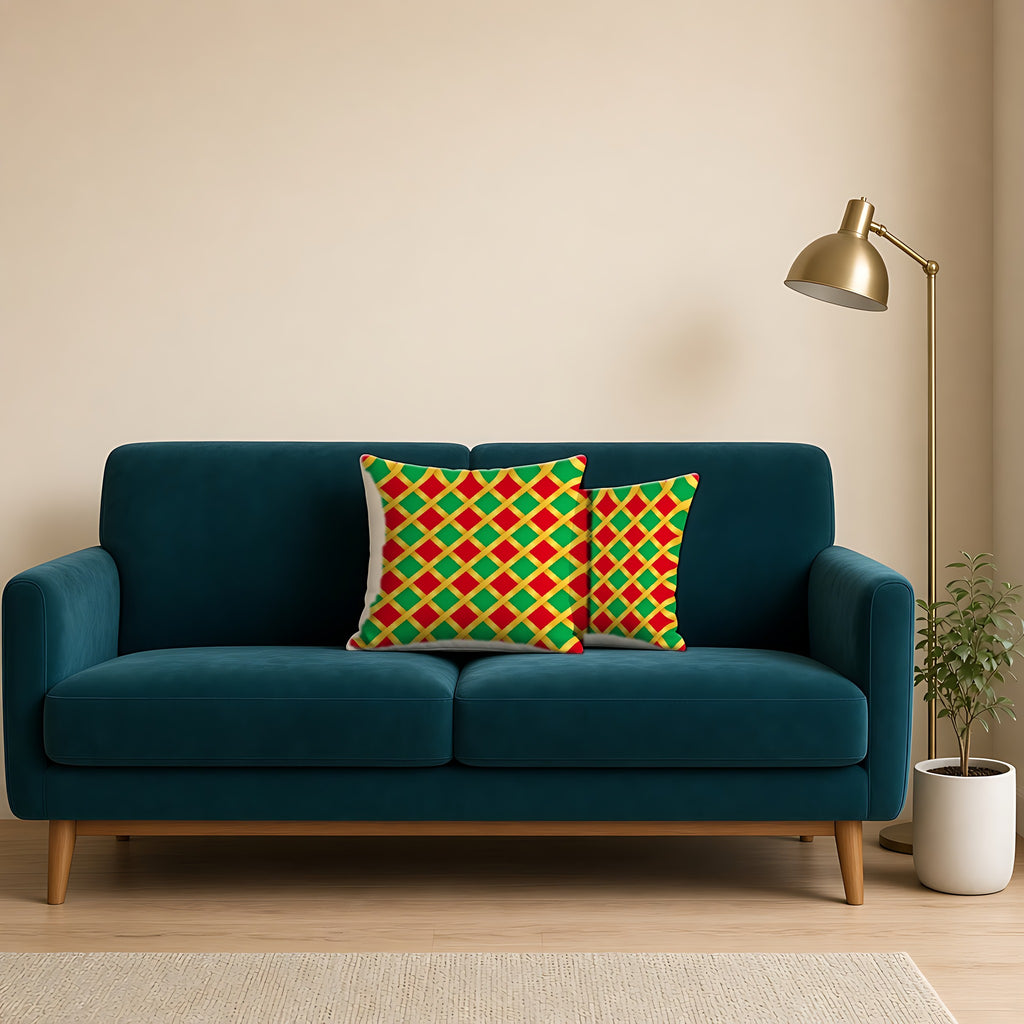 Broad Gold Diamond Trellis Faux Suede Cushion on a teal velvet sofa